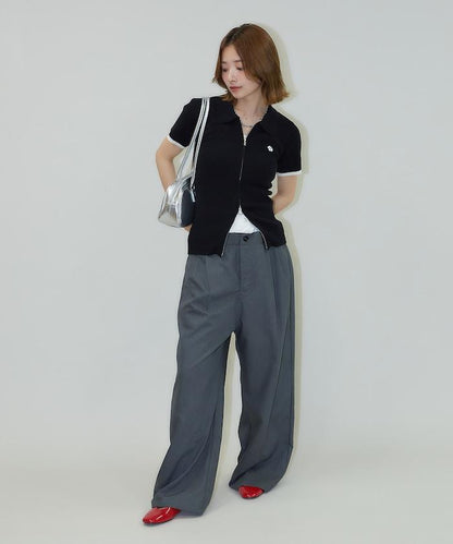 細條紋 雙高腰 雙褶 寬鬆褲