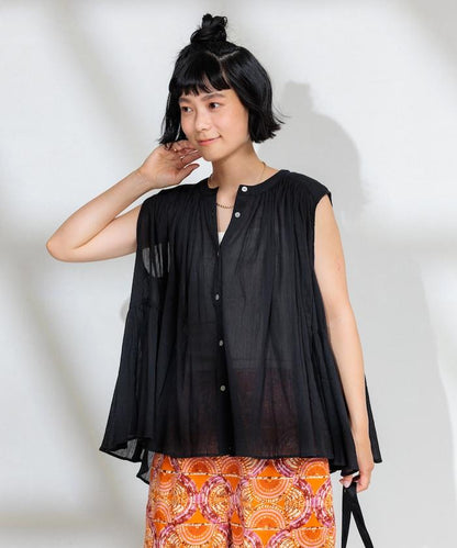 印度棉縐克雷普無袖喇叭袖上衣