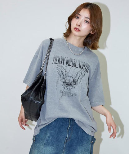 大號剪裁 皮革染色 裂紋印花 圓領T恤 / 重金屬咖啡 【限定推出】