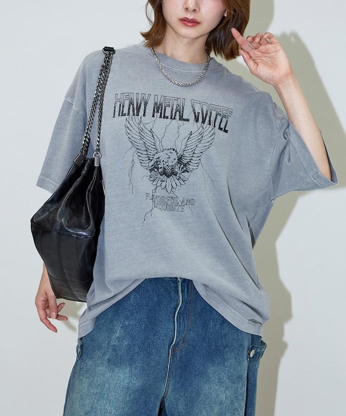 大號剪裁 皮革染色 裂紋印花 圓領T恤 / 重金屬咖啡 【限定推出】