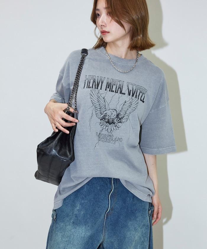 大號剪裁 皮革染色 裂紋印花 圓領T恤 / 重金屬咖啡 【限定推出】