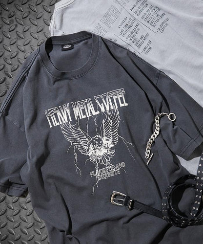 大號剪裁 皮革染色 裂紋印花 圓領T恤 / 重金屬咖啡 【限定推出】