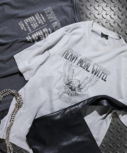 大號剪裁 皮革染色 裂紋印花 圓領T恤 / 重金屬咖啡 【限定推出】