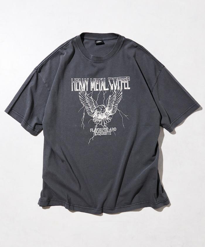 大號剪裁 皮革染色 裂紋印花 圓領T恤 / 重金屬咖啡 【限定推出】