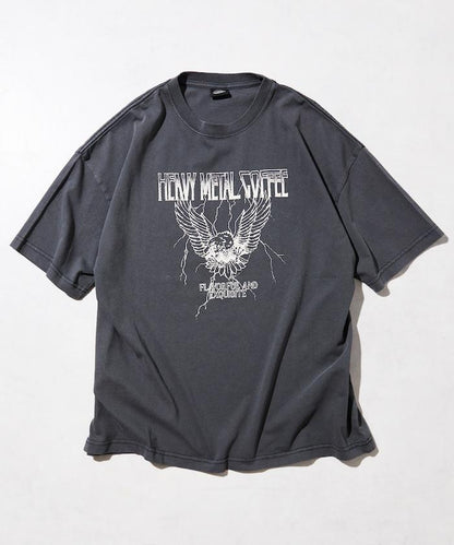 大號剪裁 皮革染色 裂紋印花 圓領T恤 / 重金屬咖啡 【限定推出】