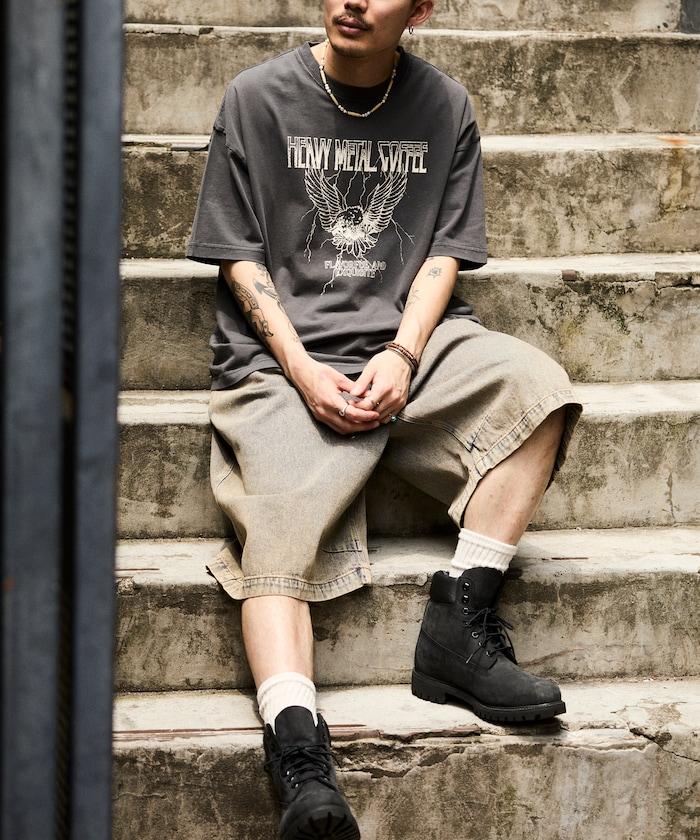 大號剪裁 皮革染色 裂紋印花 圓領T恤 / 重金屬咖啡 【限定推出】