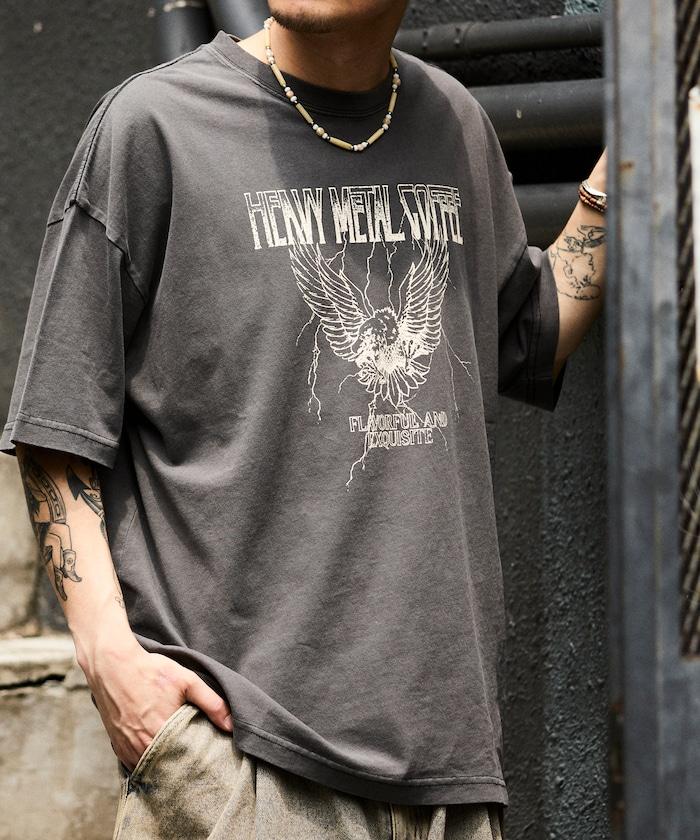 大號剪裁 皮革染色 裂紋印花 圓領T恤 / 重金屬咖啡 【限定推出】