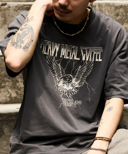 大號剪裁 皮革染色 裂紋印花 圓領T恤 / 重金屬咖啡 【限定推出】