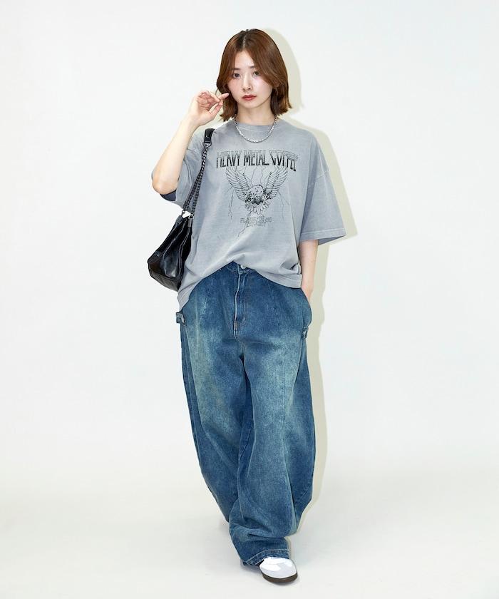 大號剪裁 皮革染色 裂紋印花 圓領T恤 / 重金屬咖啡 【限定推出】