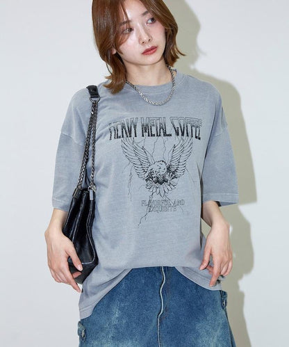 大號剪裁 皮革染色 裂紋印花 圓領T恤 / 重金屬咖啡 【限定推出】