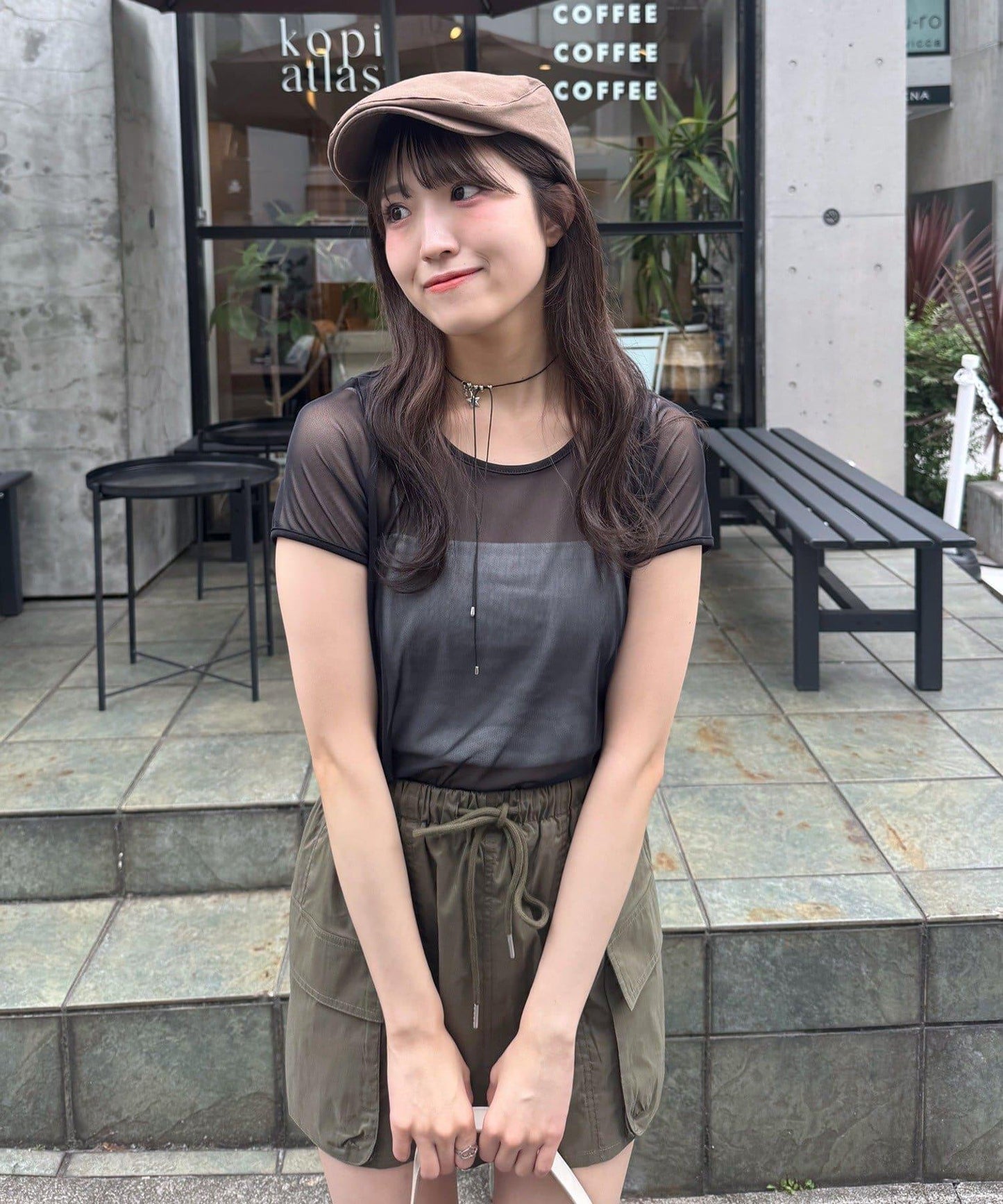 mline 半袖印花網紗上衣