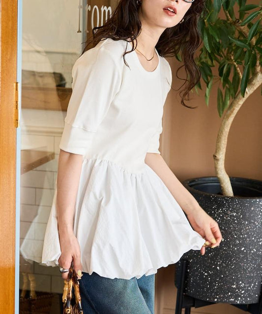 異素材 對接 氣球 短袖 拉鍊套頭衫