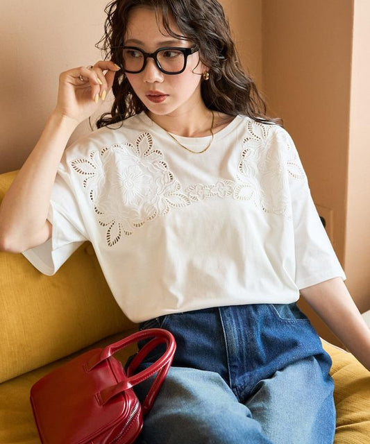 花紋 刺繡 寬鬆 半袖 T恤