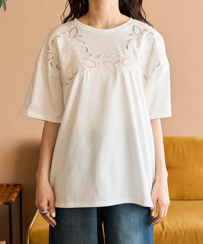 花紋 刺繡 寬鬆 半袖 T恤
