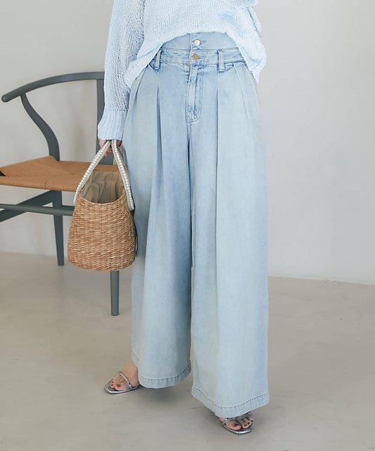 高腰闊腿牛仔褲