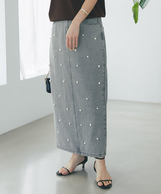 【名品・復刻】珍珠裝飾牛仔緊身長裙