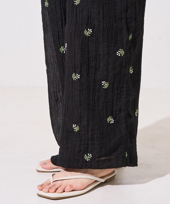 透視 小花紋 刺繡 寬鬆褲