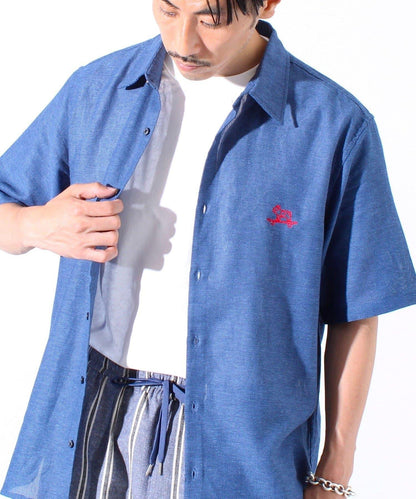 【GLOSTER】棉亞麻巴拿馬 布爾狗刺繡 短袖襯衫 半袖襯衫