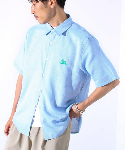 【GLOSTER】棉亞麻巴拿馬 布爾狗刺繡 短袖襯衫 半袖襯衫