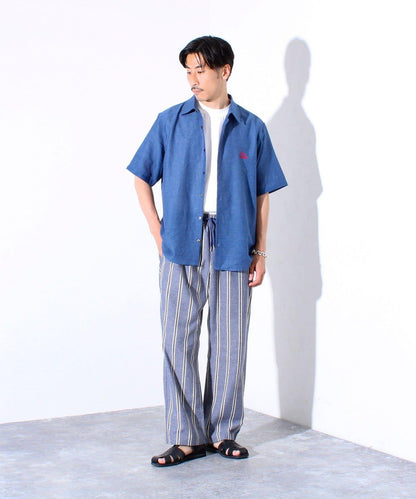 【GLOSTER】棉亞麻巴拿馬 布爾狗刺繡 短袖襯衫 半袖襯衫