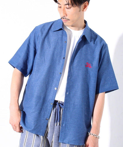 【GLOSTER】棉亞麻巴拿馬 布爾狗刺繡 短袖襯衫 半袖襯衫