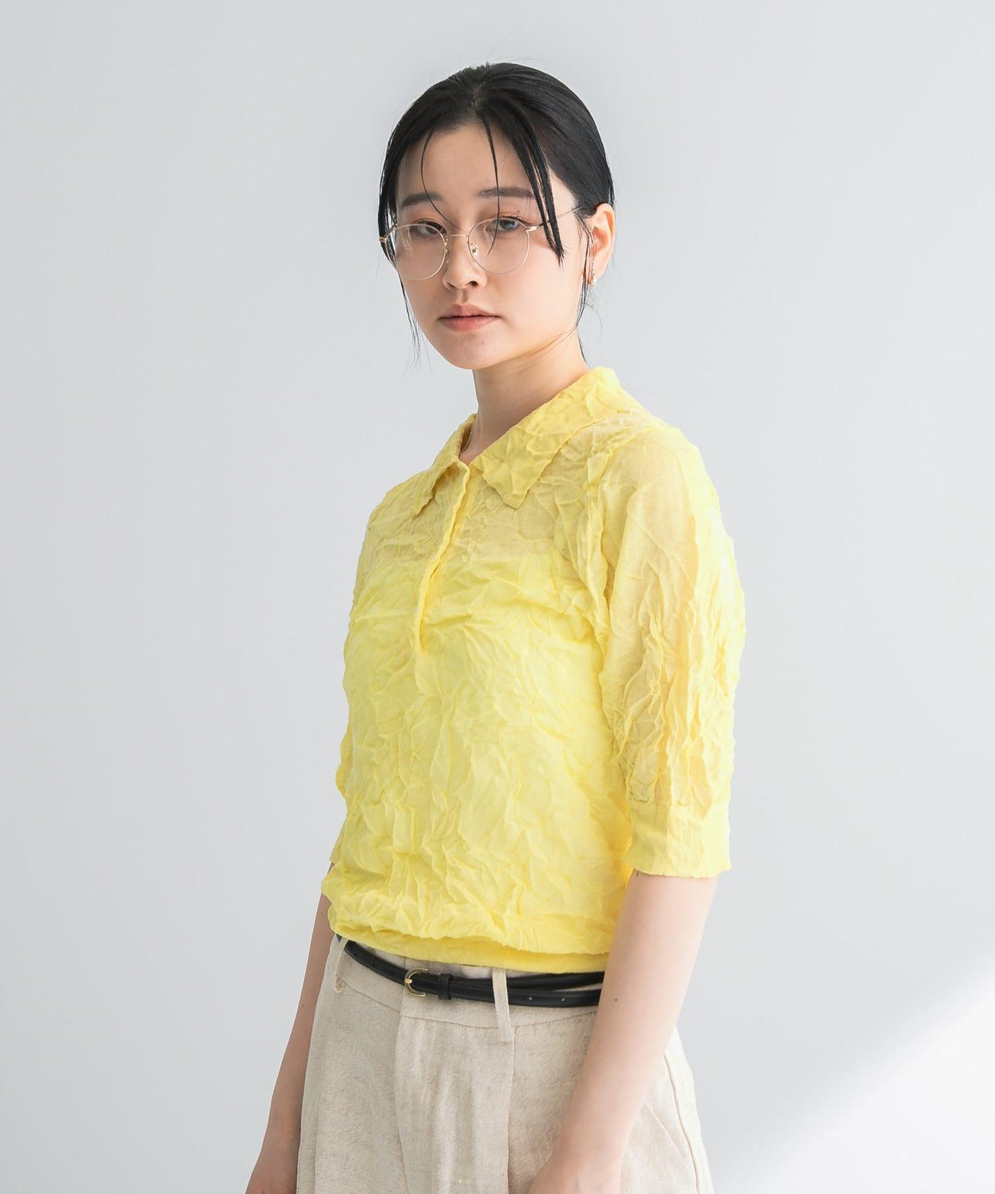 new basic 亞麻混紡皺感襯衫領針織衫