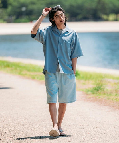 速乾材料 舒適版型 開領襯衫 短袖 亞麻風