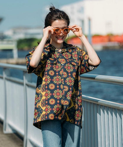 印度制 寬鬆版型 巴蒂克圖案印花 開領襯衫 短袖 小花紋