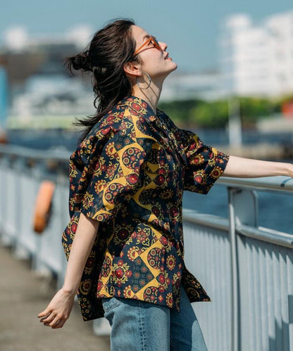 印度制 寬鬆版型 巴蒂克圖案印花 開領襯衫 短袖 小花紋