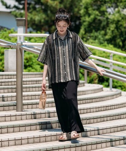 印度制 寬鬆版型 綜合圖案蕾絲 多色條紋 開領襯衫 短袖