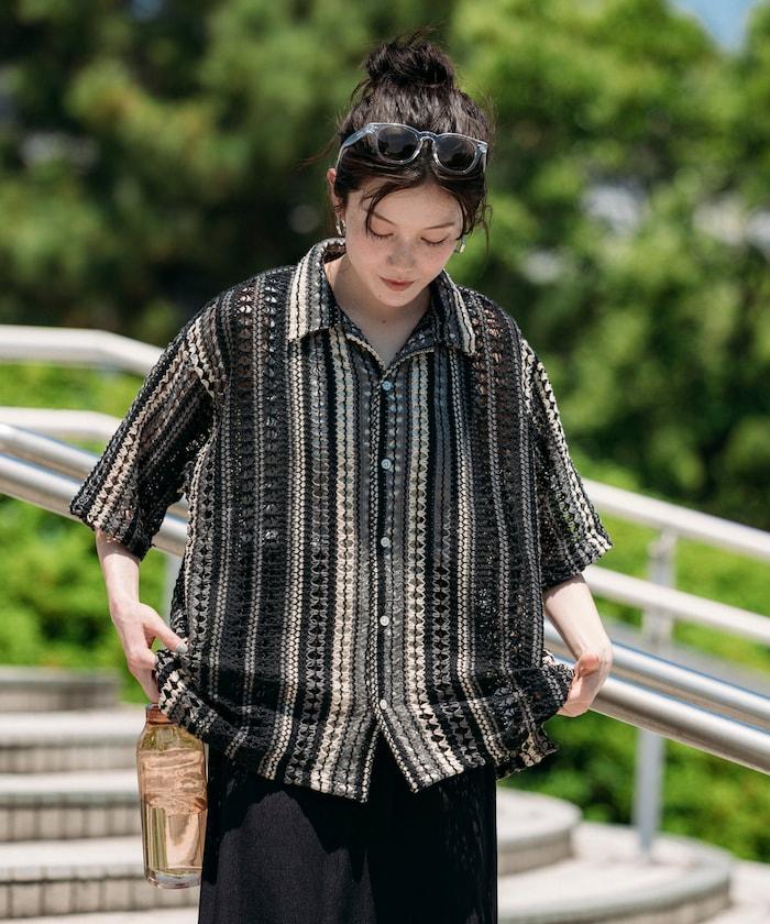 印度制 寬鬆版型 綜合圖案蕾絲 多色條紋 開領襯衫 短袖