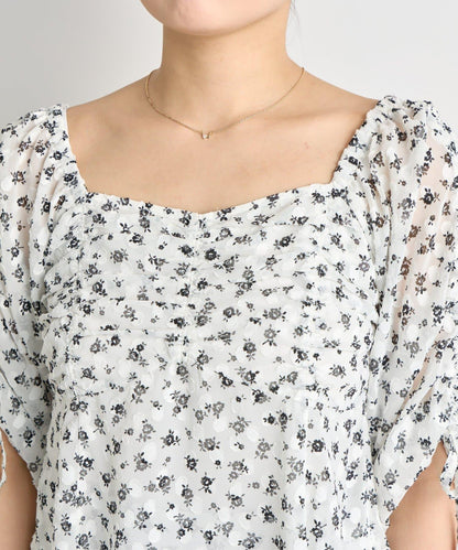 單色小花印花鬆緊袖襯衫