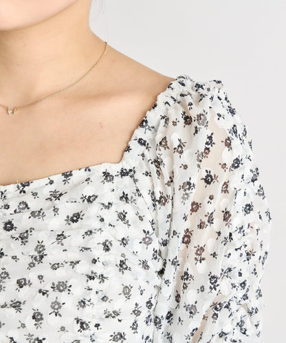 單色小花印花鬆緊袖襯衫