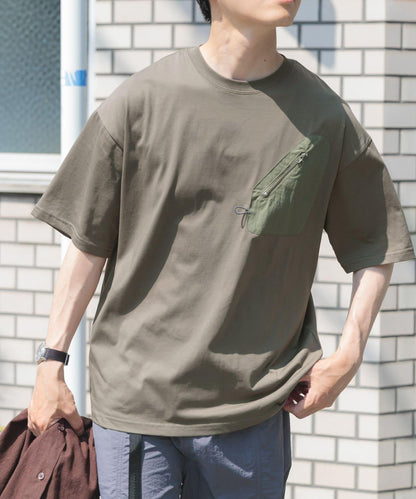 拉鍊口袋拼接圓領T恤