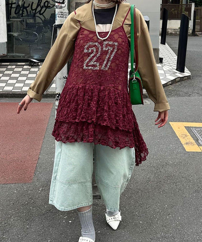 蕾絲連衣裙數字排列不規則下襬連衣裙