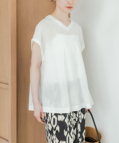 「UV防護」兩穿法法式短袖針織衫
