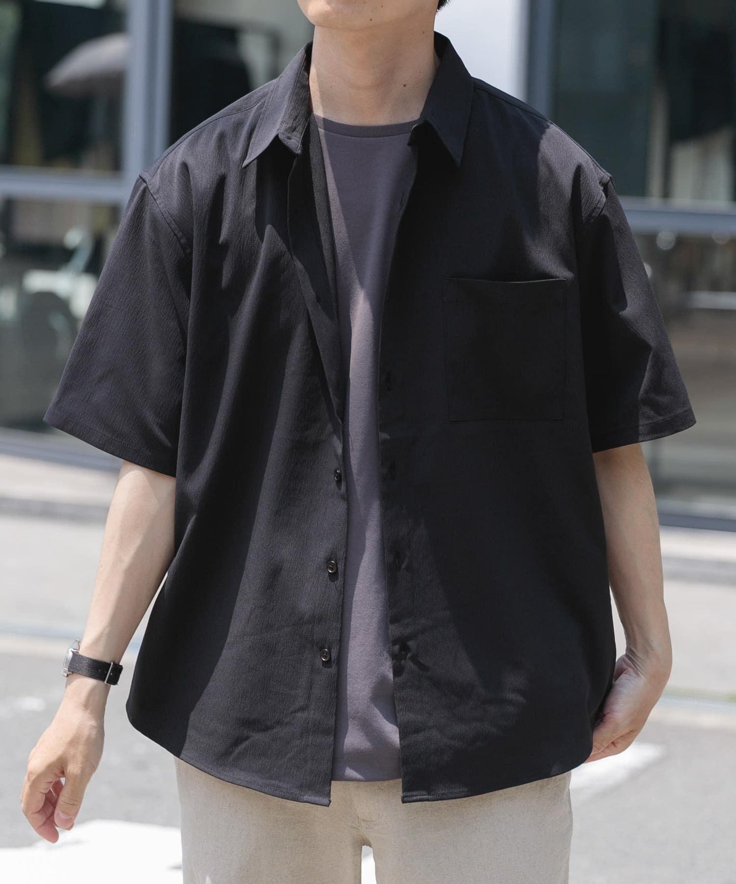縐紗常規領短袖襯衫