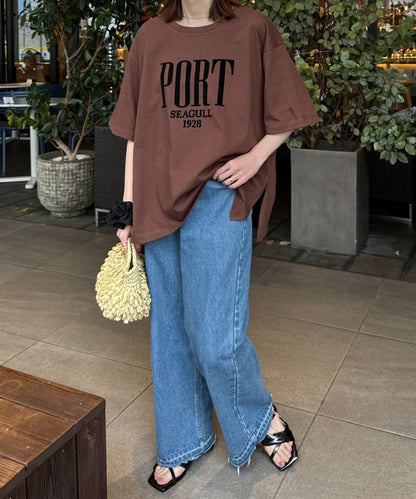 絨布標誌印花短袖oversize T 恤