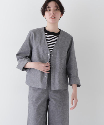棉麻水洗V領夾克