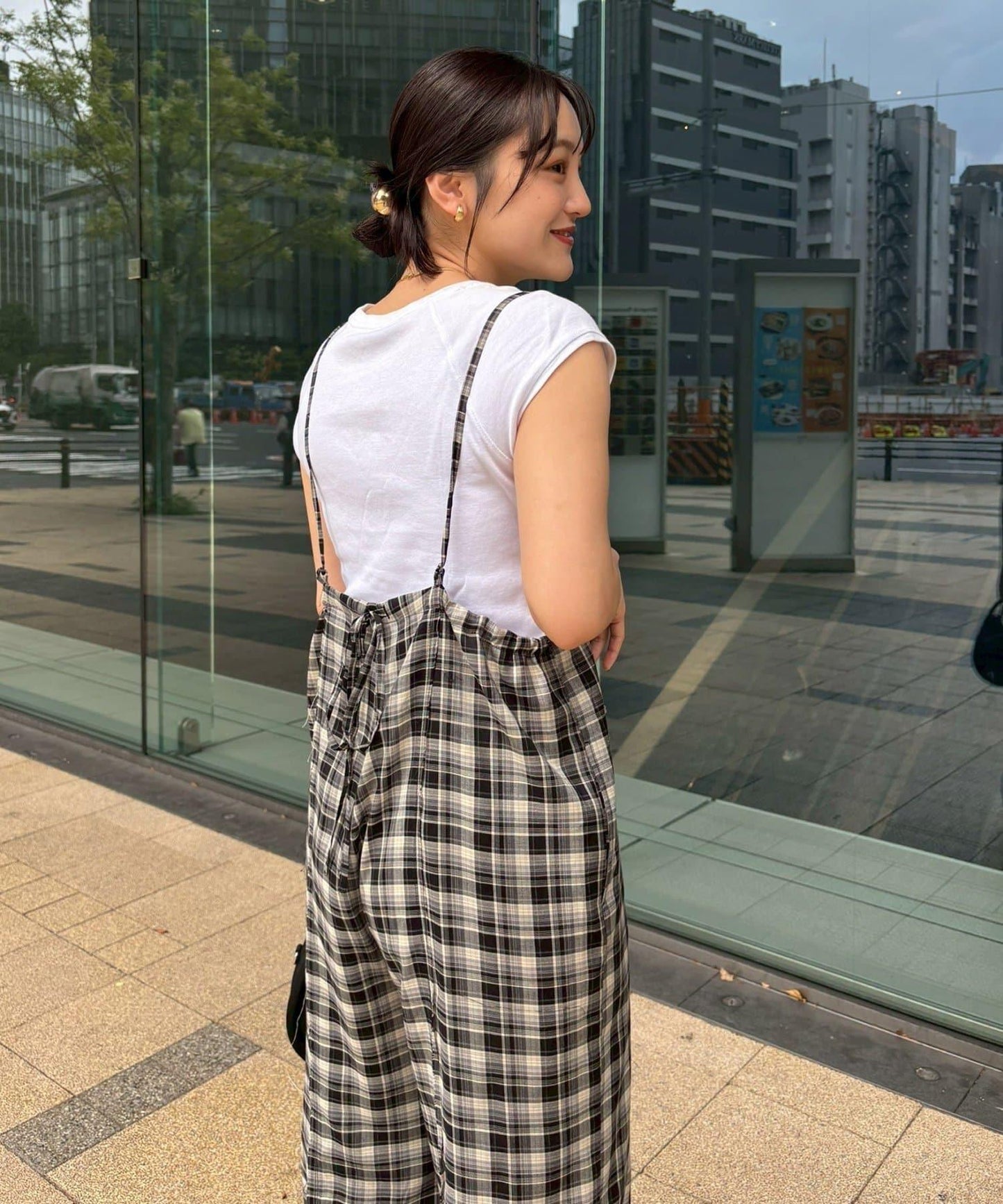 【多米小姐企劃/有尺碼展開】格紋拼接吊帶連體褲