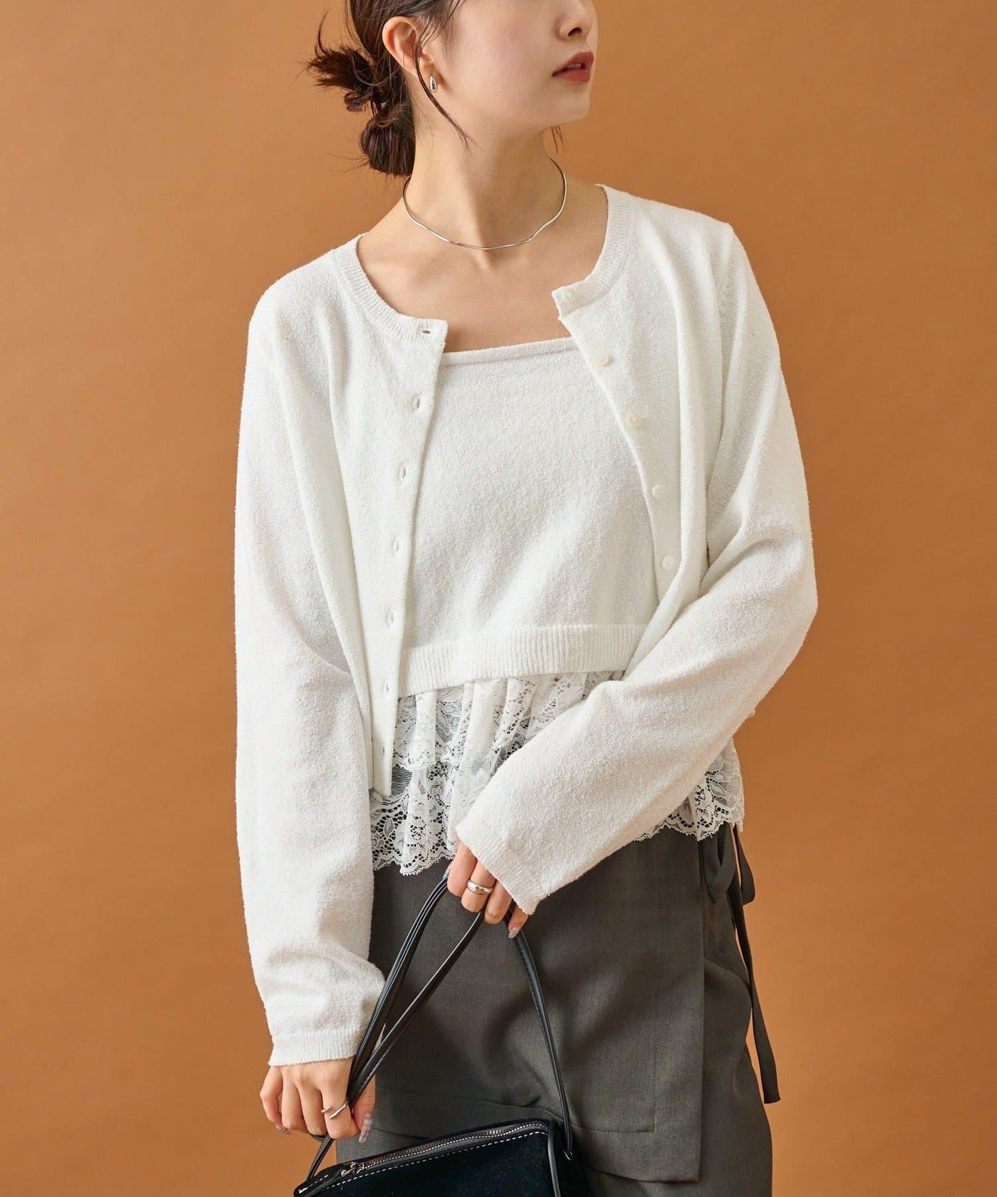 波紋邊蕾絲開衫套裝