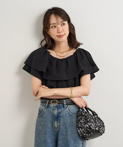《棉100%・優雅露膚◎》露肩荷葉邊襯衫