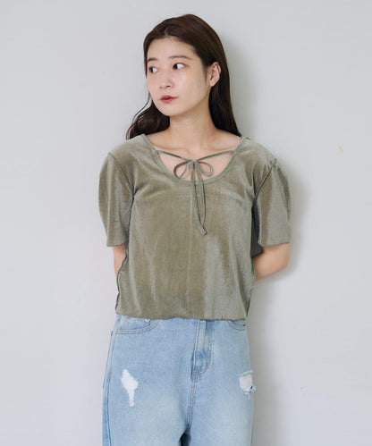 【4色展開/前後2WAY】後蝴蝶結開衩短袖T恤