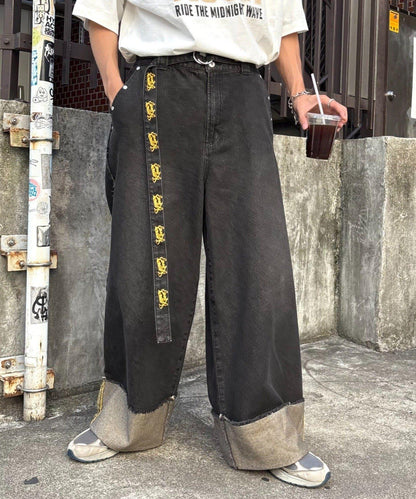 【SG】卷邊流蘇寬鬆褲
