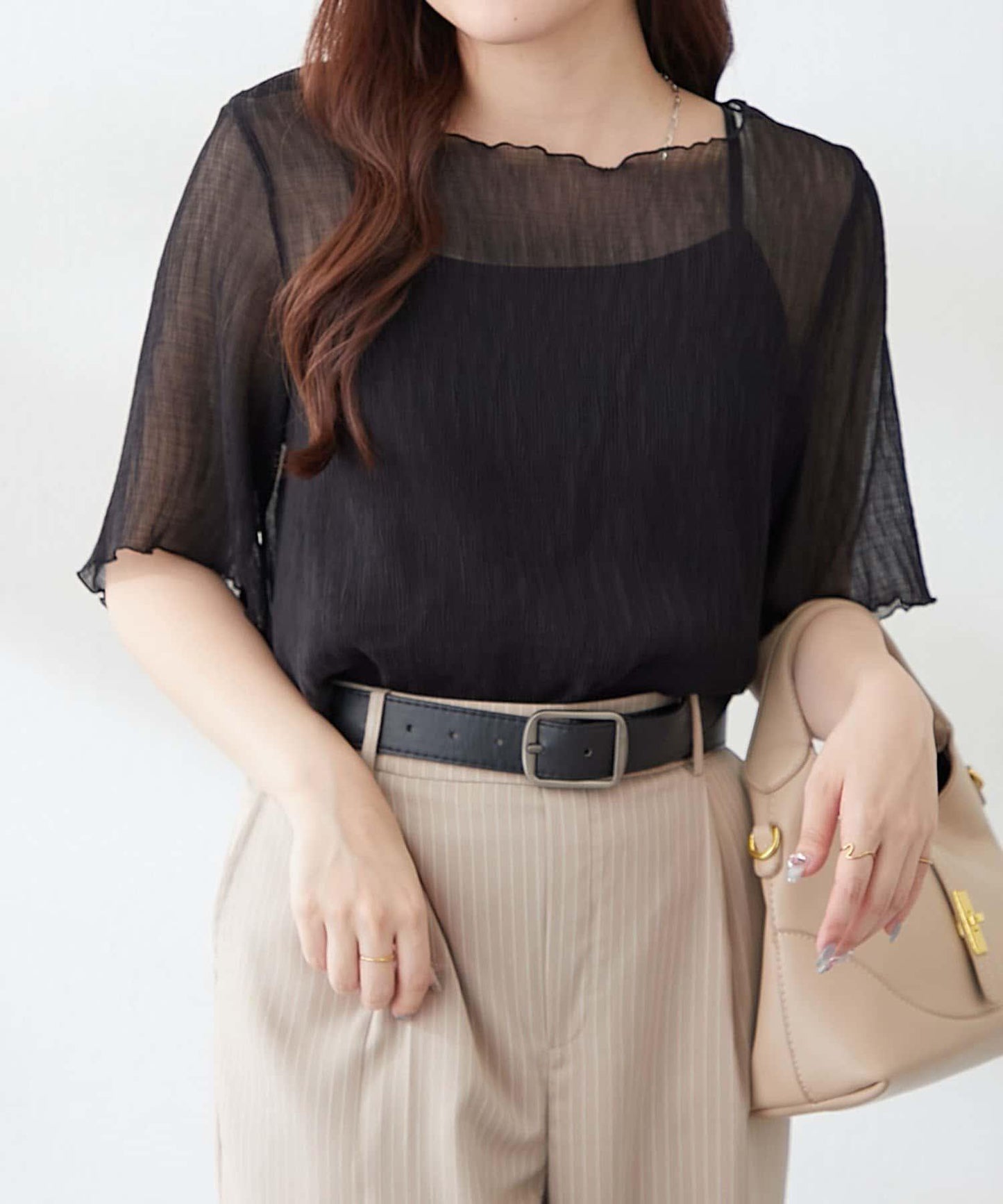 【2件套裝】透明薄紗針織衫×吊帶背心