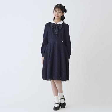 蓬鬆蝴蝶結領帶蕾絲連衣裙