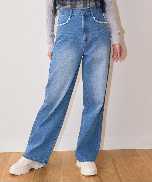 珍珠裝飾牛仔褲【韓國時尚】