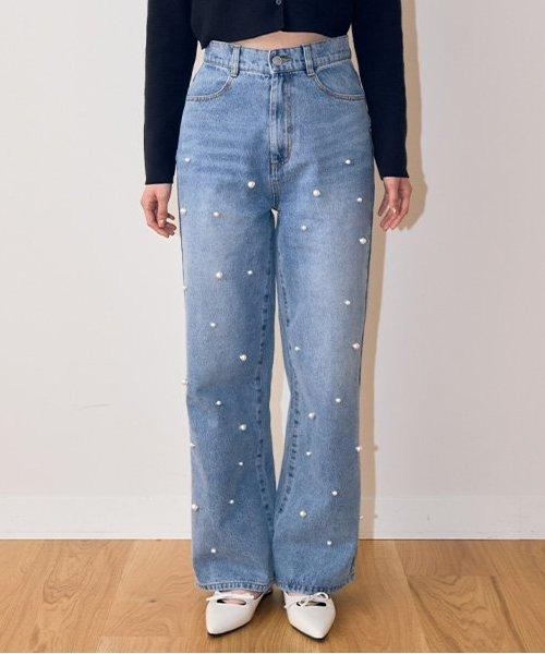 珍珠裝飾牛仔褲【韓國時尚】