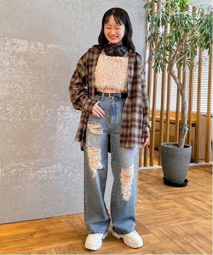 拼色寬鬆長褲【韓國時尚】