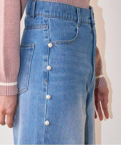 珍珠裝飾牛仔褲【韓國時尚】